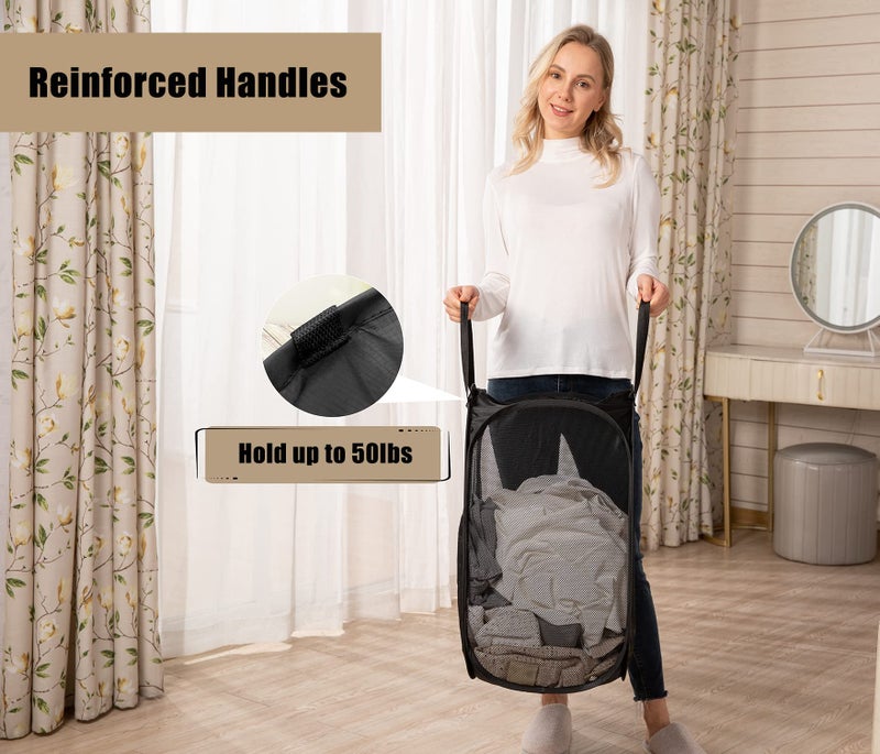 HOUSE AGAIN 2 Pcs Strong Mesh Pop-up Laundry Hamper, Quality Pop Up Hampers for Laundry with Durable Handles Solid Bottom High Carbon Steel Frame, Easy to Open and Fold Flat for Storage(Black) - Image 3